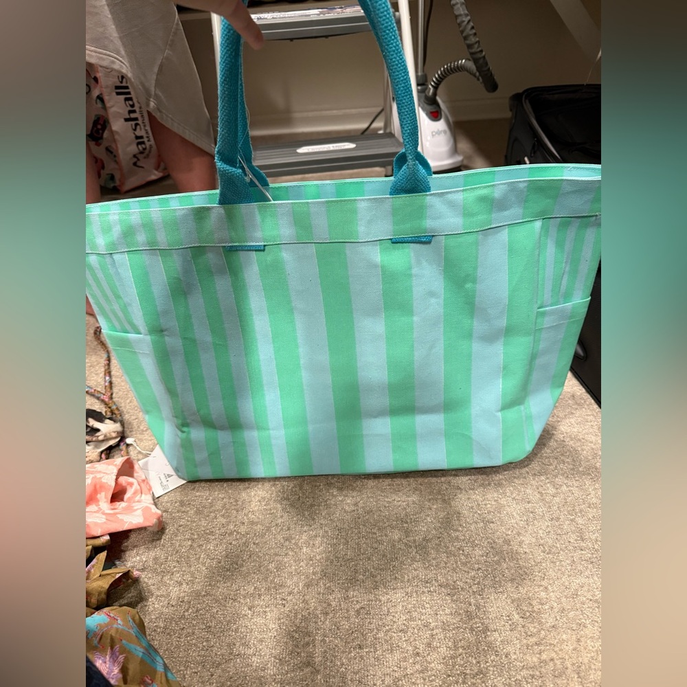 Striped Teal Tote Bag and Makeup Bag
